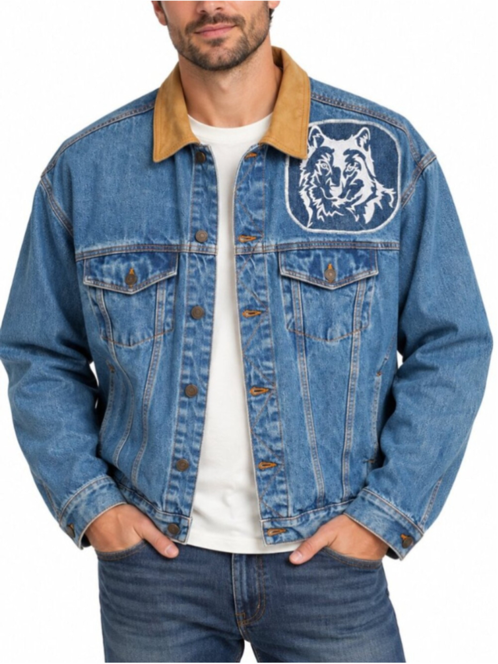 CANADA SPORTSWEAR Vintage Trucker Denim Jacket Blue XL Leather Collar Wolf Patch